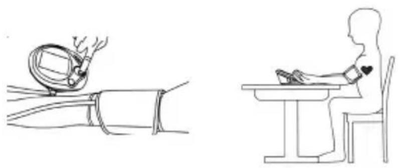 Line drawing showing a person using a blood pressure monitor on a patient's arm, with no text or symbols present.
