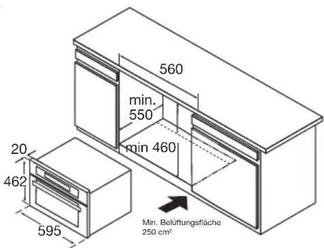 560 min. 550 min 460 20 462 595 Min. Belüftungsfläche 250 cm²