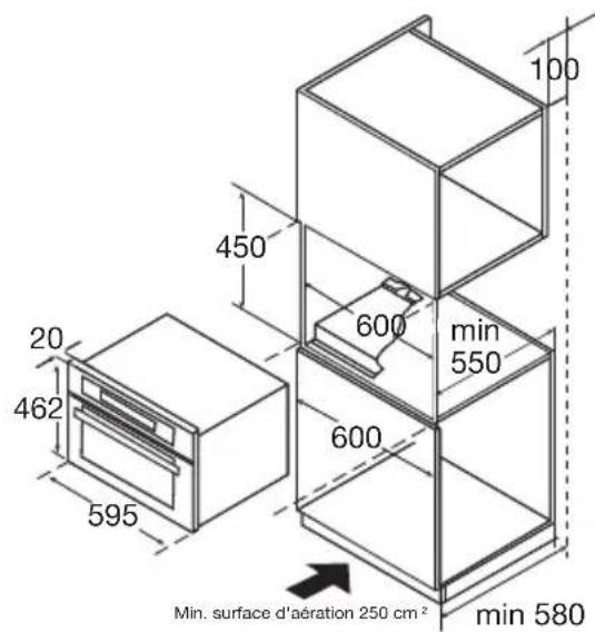 100 450 600 min 550 600 20 462 595 min. surface d'aération 250 cm² min 580