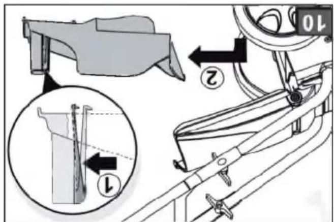 Technical diagram illustrating a mechanical assembly with labeled parts and directional arrows indicating motion or assembly steps.