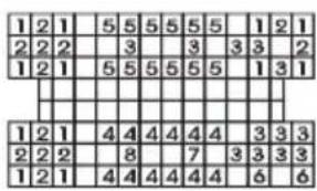 1 2 1 | 5 5 5 5 5 5 | 1 2 1 2 2 2 | | 3 | | 3 | 3 3 | 2 1 2 1 | 5 5 5 5 5 5 | 1 3 1 1 2 1 | 4 4 4 4 4 4 | 3 3 3 2 2 2 | | 8 | | 7 | 3 3 3 3 1 2 1 | 4 4 4 4 4 4 | 6 | 6