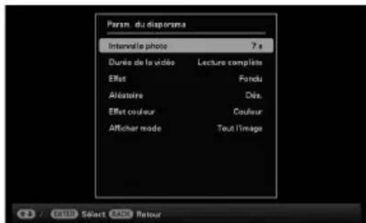 Permutation du diaporama Intervalle photo 7 s Durée de la vidéo Lecture complète Effet Fondu Aléatoire Désactivé Effet couleur Couleur Afficher mode Tout l'image