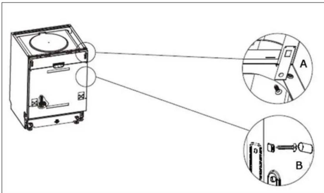Technical diagram showing a refrigerator with labeled parts A and B, illustrating the internal structure and connection to the device.