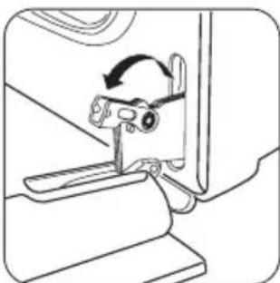 Line drawing of a mechanical clamp or bracket with an arrow indicating rotation (no text or symbols)