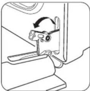 Line drawing of a mechanical clamp or bracket assembly with an arrow indicating rotation (no text or symbols)