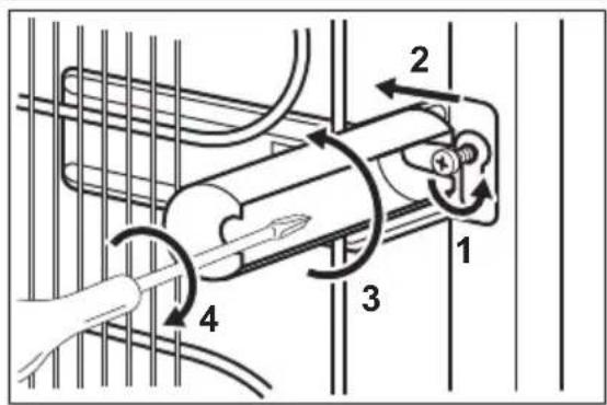 Technical diagram showing a mechanical assembly with numbered components and directional arrows indicating motion or flow.