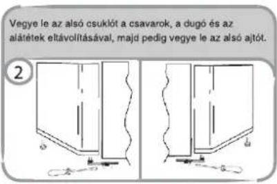 Vegye le az alsó csuklót a csavarok, a dugó és az alátétek eltávolításával, majd pedig vegye le az alsó ajtót.