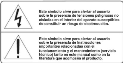 Este simbolo sirve para alertar al usuario sobre la presencia de tensiones peligrosas no aisladas en el interior del aparato susceptibles de constituir un riesgo de electrocución. Este simbolo sirve para alertar al usuario sobre la presencia de Instrucciones importantes relacionadas con el funcionamiento y el mantenimiento (servículo técnico) tanto en este manual como en la literatura que acompaña al producto.