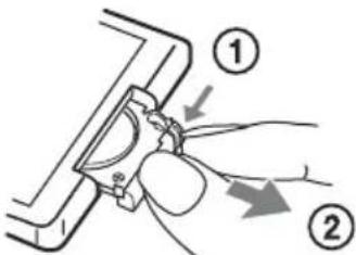 Diagram showing two labeled mechanical components with directional arrows indicating movement or force, numbered 1 and 2.