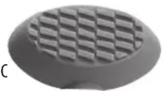 Close-up of a gray, oval-shaped object with a grid-patterned surface and a small letter 'C' in the corner (no text or symbols on the object itself)