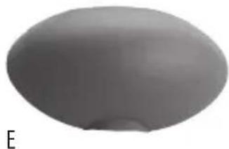 Smooth, dome-shaped gray object with a small protrusion at the bottom left (labeled 'E' in the corner)