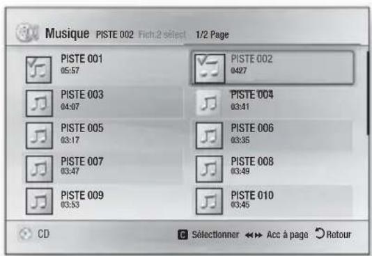 Musique PISTE 002 Fich.2 sélect 1/2 Page PISTE 001 05:57 PISTE 002 0427 PISTE 003 04:07 PISTE 004 03:41 PISTE 005 03:17 PISTE 006 03:35 PISTE 007 03:47 PISTE 008 03:49 PISTE 009 03:53 PISTE 010 03:45 CD Sélectionner ↔ Acc à page Rotour