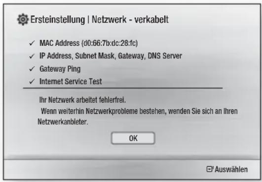 Ersteinstellung | Netzwerk - verkabelt ✓ MAC Address (d0:66:7b:dc:28:fc) ✓ IP Address, Subnet Mask, Gateway, DNS Server ✓ Gateway Ping ✓ Internet Service Test Ihr Netzwerk arbeitet fehlerfrei. Wenn weiterhin Netzwerkprobleme bestehen, wenden Sie sich an Ihren Netzwerkanbleter. OK Auswählen