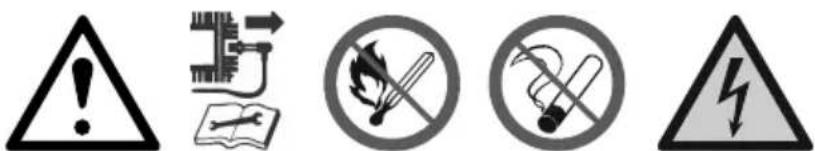 Warning symbols including warning triangle, electrical circuit, no-smoking circle, and lightning bolt