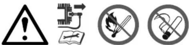 Four safety and hazard symbols: warning triangle, circuit switch, cigarette with flame, and no-smoking cigarette.