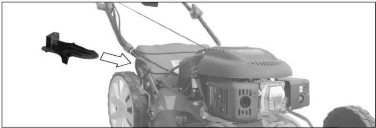 Close-up of a lawn mower with attached tool and head panel, showing mechanical components (no text or symbols visible)