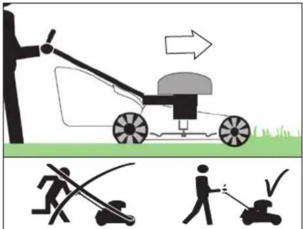 Diagram illustrating lawn lawn movement with a grassy tractor and two pictograms showing different actions: walking and cleaning.