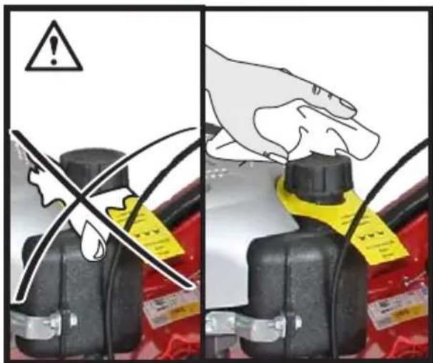 Safety warning illustration showing a hand adjusting a device with warning symbols and a cross mark indicating hazard.