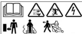 Safety symbols and pictograms including open book, warning triangle, lightning bolt, person with tools, and car collision sign