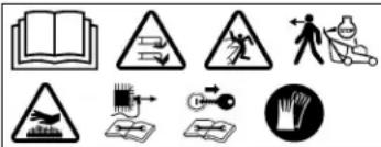 Collection of safety and hazard symbols including open book, warning triangle, pictogram, walking figure, warning sign, circuit switch, bicycle, hand icon, and warning symbol.