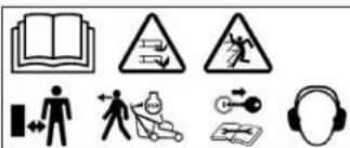 Collection of safety and hazard symbols including open book, warning triangle, pictogram, person with motion, bicycle, weightlifting, and headphones