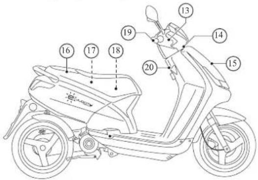 Technical diagram of an electric scooter with numbered components for identification
