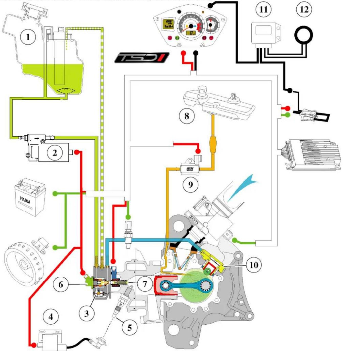 Technical diagram of an engine assembly with numbered components and labeled parts including TSDI, FIAMM, and motor control.