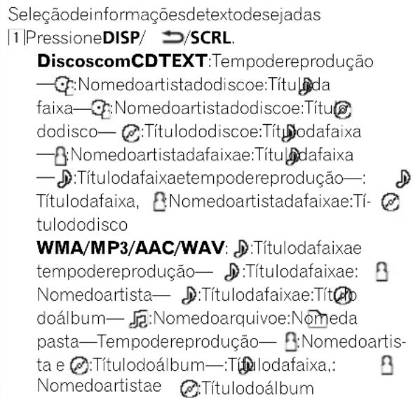 Seleçãodeinformaçõesdetextodesejadas 1 |PressioneDISP/ →/SCRL. DiscoscomCDTEXT:Tempodereprodução —#:Nomedoartistadodiscoe:Título faixa—#:Nomedoartistadodiscoe:Título dodisco—#:Títuloododiscoe:Título dafaixa —#:Nomedoartistadafaixae:Título dafaixa —#:Títuloadafaixaetempodereprodução—: Títuloadafaixa, #:Nomedoartistadafaixae:Tí- tulododisco WMA/MP3/AAC/WAV: #:Títuloadafaixae tempodereprodução— #:Títuloadafaixae: Nomedoartista— #:Títuloadafaixae:Título doálbum—#:Nomedoarquivoe:Nomeda pasta—Tempodereprodução— #:Nomedoartis- ta e #:Títuloadoálbum—:Títuloadafaixa.; Nomedoartistae #:Títuloadoálbum