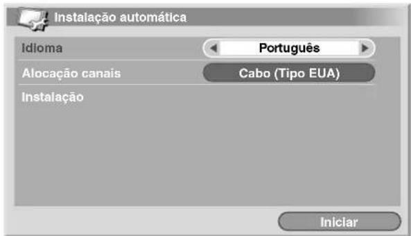 Instalação automática Idioma Português Alocação canais Cabo (Tipo EUA) Instalação Iniciar