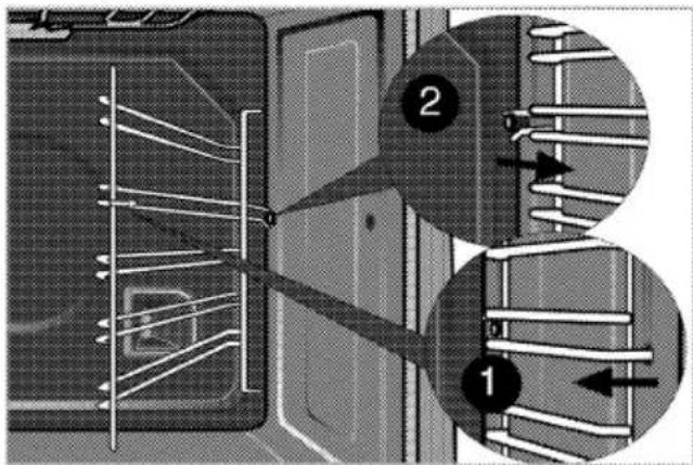 Technical diagram showing two labeled components (1 and 2) of a mechanical or electrical assembly with internal wiring and directional arrows.