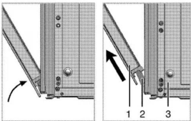 Technical diagram showing two views of a mechanical component with labeled parts 1, 2, and 3, including directional arrows indicating movement.