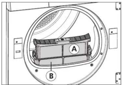 Technical diagram of a device inside a circular housing, labeled with points A and B indicating components.