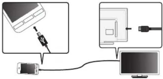 Diagram showing connection between a smartphone, cable, and monitor with labeled components