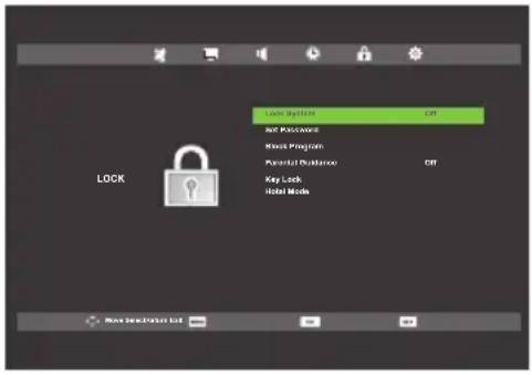 Lock System Not Available Not Available Most Program Parental Guidance Key Lock Hotel Mode LOCK