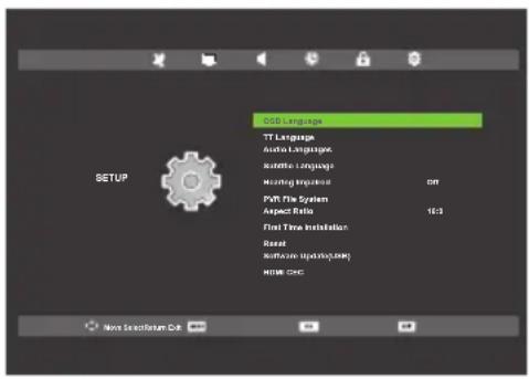 SETUP SSB Language TT Language Audio Language Satellite Language Macing Impulse PVB File System Aspect Ratio 10:3 First Time Installation Reset Software Update Date HDMI CMC