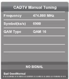 CADTV Manual Tuning Frequency 474.000 MHz Symbol(ks/s) 6900 QAM Type QAM 16 NO SIGNAL Bad GoodNormal