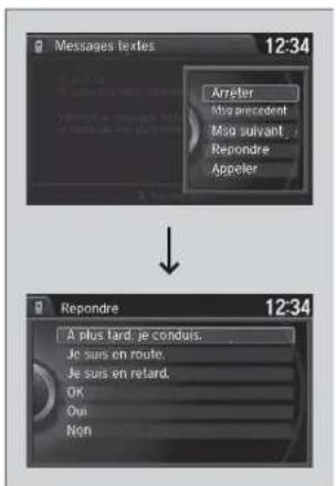 Messages textes 12:34 Arreter My precedent Mao suivant Repondre Appeler Repondre 12:34 A plus tard, je conduis. Je suis en route, Je suis en retard. OK Que Non