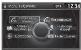 Menu Telephone 074 12:34 Composition Amerie Telephony q Recomposer Amniere Telephony q Historique d'assel Composer Teste Channel