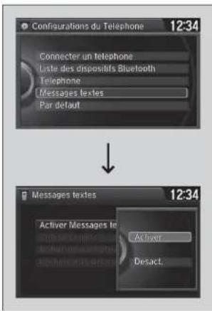 Configurations du Telephone 12:34 Connector un telephone Liste des dispositifs Bluetooth Telephone Messages textes Par default Messages textes 12:34 Activeer Messages te Activeer Desact.