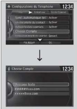 Configurations du Telephone 12:34 Sync: Automatique tel. Activer Chiseir Photo du contact Activer Activer textes coumels Activer Choice Comple: Interaction and line course Depart. Fig. detail OS Choose Comple 12:34 Message texte #######@xxx.com *****@xxx.com