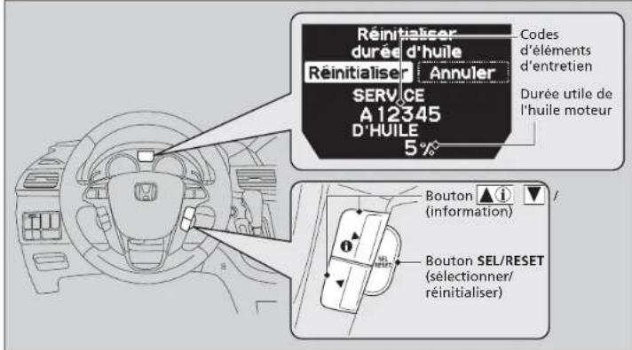 Réal Initialiser Durée d'huile Réal Initialiser Annuler SERVICE A 12345 D'HUILE 5% Codes d'éléments d'entretien Durée utile de l'huile moteur Bouton (information) Bouton SEL/RESET (sélectionner/ réinitialiser)