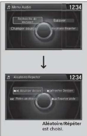 Menu Audio 12:34 Recherche de ouverture Balayer Changer source Windtoire Répeter Aléatoire/Répéter 12:34 Aléatoire ouverture Blépeter Dossier Poles de l'ouverture Blépeter ainte Aléatoire/Répéter est choisi.