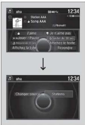 aha Station AAA Song AAA Phone#1 J'aime Je n'aime pas Jouer / Pause Sauter de 30 sec Recuer de 15 sec Affichez le texte Respondre 12:34 aha Changer source - Stations.
