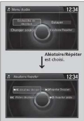 Menu Audio 12:34 Recherche de l'ÉLETRON Balayer Changer source Aléatoire/Repéter Aléatoire/Repéter est choisi. Aléatoire/Repéter 12:34 Aléatoire d'unéter Repéter Dussier Présus aléatoire Repéter slide