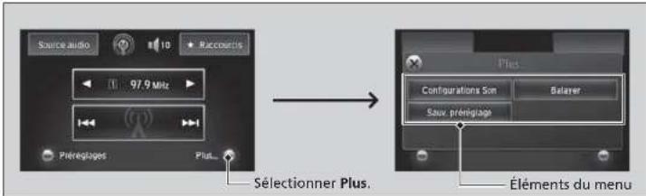 Source audio 10 Raccauris 97.9 MHz Pénéloges Plus... Sélectionner Plus. Configurations Son Belazer Sauv prénégiage Plus Éléments du menu