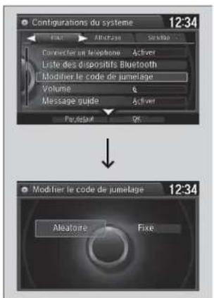 Configurations du système 12:34 Filet After Fiji Set up to Converter en téléphone Active Liste des dispositifs Bluetooth Modifier le code de jumelage Volume 6 Message guide Active Pay default OK Modifier le code de jumelage 12:34 Aleatoire Fixe