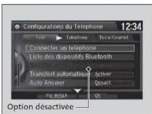 Configurations du Telephone 12:34 Tout Telephone Tout Courset Connector un telephone lute des dispositifs Bluetooth Transfert automatique Active Answer Auto Answer Par detail OK Option désactivée