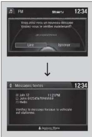FM 12:34 Vous avez recu un nouveau message Voillez-vous le vérifier maintenant? John 01234567896#88 Live Ignorer Messages textes 12:34 John 12 11:21PM John 01234567896#88 Hello Verifiez le message lorsque le vehcule est stationine. Apprvaz Menu