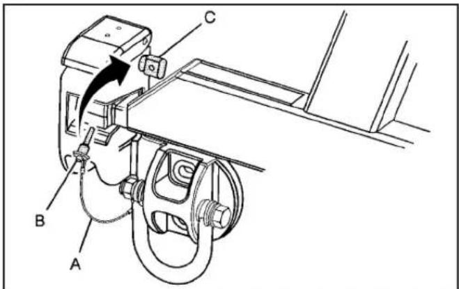 Technical diagram of a mechanical device with labeled parts A, B, and C, showing a lever mechanism and directional arrow.
