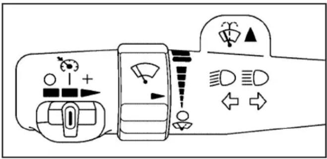 Diagram of a car dashboard with directional icons and control buttons, including symbols like wheels, switches, and directional arrows.